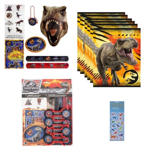 Unique Jurassic Dinosaur Party Supplies Bundle Pack Includes 8 Plastic Loot Bags, 48 Pc Favor Pack Includes 8 Sticker Sheets, 8 Tattoos, 8 Aactivity Sheets, 8 Slap Bracelets, 8 Masks, 8 Disc Shooters