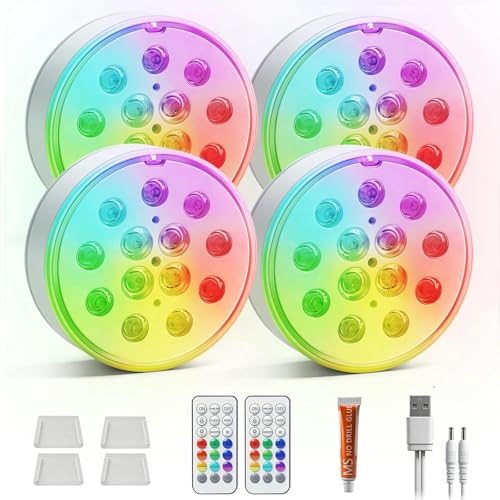 4pcs Lampe LED Submersible Rechargeables,16 Couleurs, IP68 Étanches RGB Lumiere Piscine avec télécommande,USB Eclairage Piscine LED Lumières pour piscine...