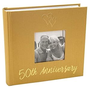 Lovely Golden 50th Wedding Anniversary Photo Album with Double Heart Decoration – Inner Lining Pages to Personalize by Happy Homewares