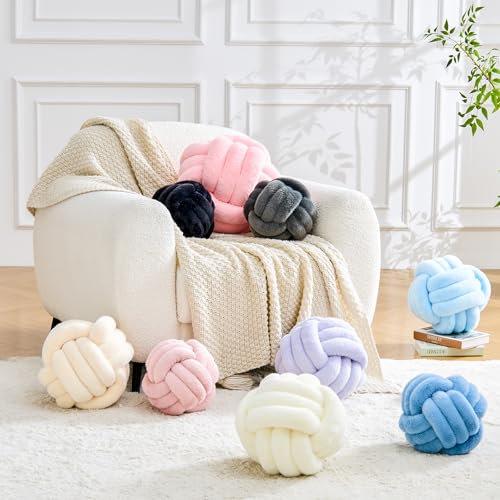 Image of Uvvyui Knot Pillow Ball Home Decorative Pillows Round Throw Pillow with Faux Rabbit Fur Handmade Knotted Plush Pillow Aesthetic Room Decor Round Boucle Pillow Cushion (Beige, 14 Inch)