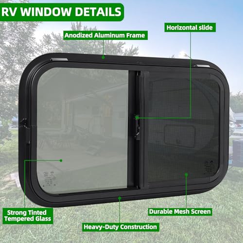 Image of 18 inchW x 15 inchH RV Windows for Cargo Trailer Camper,Tinted Horizontal Sliding | RV Cargo Trailer Camper Window Replacement w /Screen&Trim Ring,Fit 15 /16 inchor 1-3 /8 inch Thick Wall,Allow Error 1 /16 inch,DOT Approved