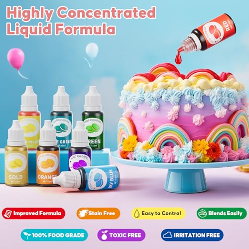 Image of Food Coloring Liquid Set - Wayin Rainbow Edible Food Dye , Gold Paint Food Grade for Cake Decorating, Baking, Easter Egg, Icing, Fondant, Cooking, Slime Making DIY Supplies Kit -8 Colors (15 ml) /Bottles