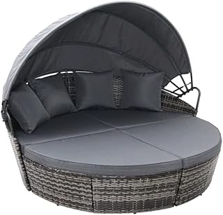 EVRE Bali 3 Piece Modular Round Rattan Wicker Patio Garden Furniture Daybed Sun Lounger Set with Extendable Canopy and Conversation Seat Cushions (Mixed Grey)