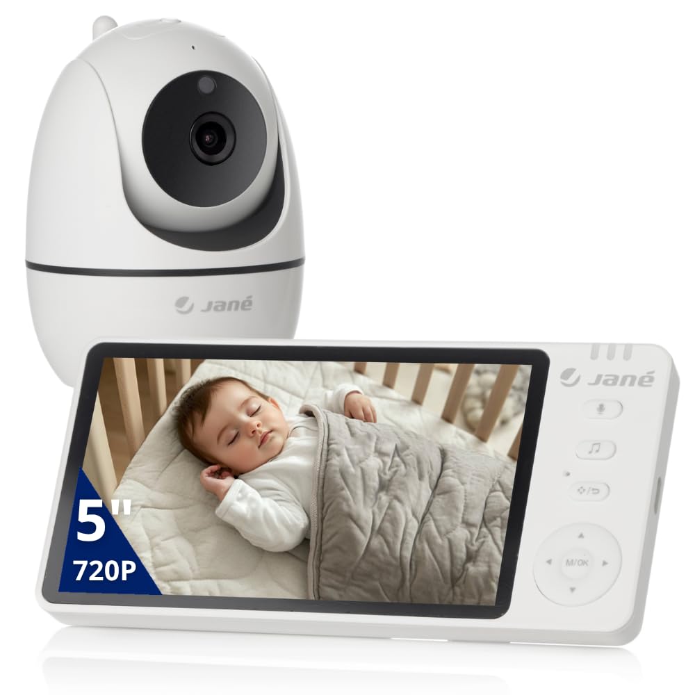 Jané Eye Pro Baby Monitor, Baby Monitor avec Caméra Rotative, Inclinaison Motorisée, Écran 5", Audio Bidirectionnel, Vision Nocturne, Longue Portée, avec Musique