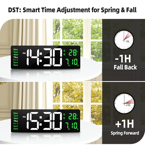 Image of Maxstar 16 inch Digital Wall Clock with Remote, 2 Alarms, DST, Date, Week, Dimmer,Large Digital Clock With Temperatur,Jumbo Number,LED Display,Night Light for Living Room,Kitchen,Garage,Gym,Desk (Green)
