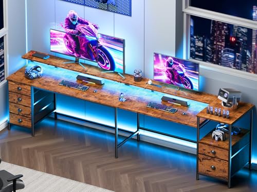 Image of Furologee 95 inch Two Person Computer Gaming Desk, Long 2 Person Home Office Desk with 6 Drawers & Storage Shelves, Double Table with Power Outlets, LED Lights and Full Monitor Shelf, Rustic Brown