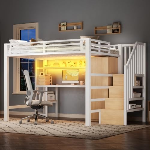 Merax Metall-Hochbett 140x200 mit Schreibtisch, Regal, Kleiderschrank, Stauraumtreppe und LED-Licht – Weiß, Ideal für Kinderzimmer, Jugendzimmer und kleine Apartments