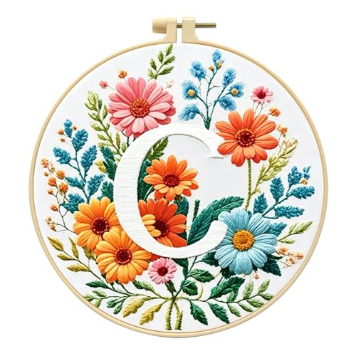 Zhenqing Letter C Embroidery Kit for Beginners, Pre-Printed 29x29cm Cotton Fabric with 20cm Hoop, Spring Garden Floral Monogram Design (C0086)