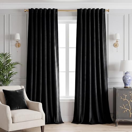 StangH Cortinas opacas de terciopelo de 96 pulgadas, cortinas negras con aislamiento térmico y bloqueo de luz para ventanas de dormitorio/puerta corrediza, cortinas de fondo gruesas de lujo, 52
