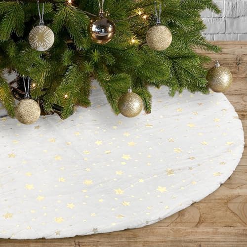 Deggod PSTR02A Plush Christmas Tree Skirts, 30 Inches Luxury White Faux Fur Xmas Tree Base Cover Mat With Gold Stars cover