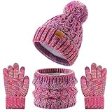 3 Pcs Kids Winter Beanie Hat Gloves Scarf Set, Thick Knitted Warm Toddler Winter Hat Mittens Neck Warmer for Boys Girls