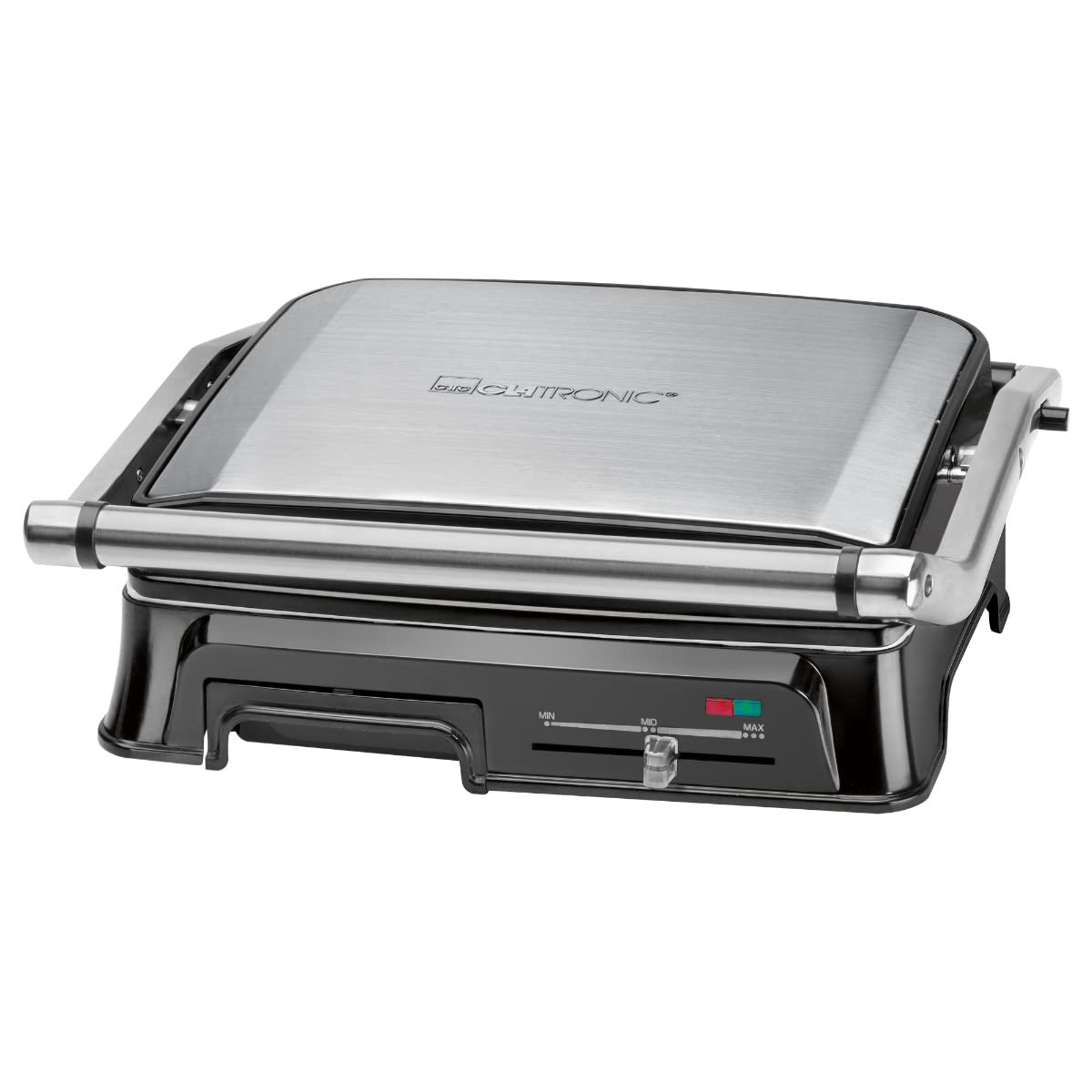 Clatronic KG 3571 grill kontaktowy do dwustronnego grillowania, 2000 W, obudowa ze stali nierdzewnej, krótkie czasy gotowania, rynna odpływowa tłuszczowa i tacka zbierająca, kolor srebrny
