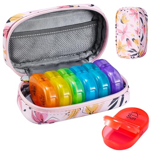 Image of Serfeymi Weekly Travel Pill Organizer 2 Times A Day AM PM Upgraded Rainbow Pill Box 7 Day with Portable Zipper PU Leather Pill Case, Medicine Organizer for Pills, Vitamins, Fish Oils - Pink 03