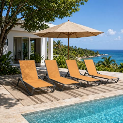 Patio Kingdom Patio Chaise Lounge Chairs Set of 4, All-Weather Aluminum Pool Loungers for Outside, 5-Position Adjustable Sunbathing Chairs for Tanning, Stackable for Backyard, Poolside, Solar Orange