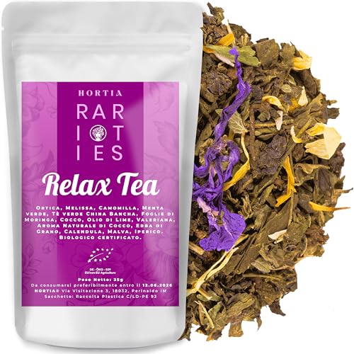 RELAX TEA | Tisana Rilassante a base di Fiori di Camomilla, Valeriana ed Ortica | Contro Ansia e Stress per Dormire Meglio | Confezione Regalo Salva Aroma | Gusto Cocco e Lime