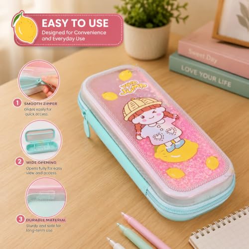 Image of WISHKEY Hard Shell EVA Pencil Box for Girls Cute Cartoon Glitter Pencil Case with Mesh Pocket, Elastic Pen Holder & Dual Zipper Large Capacity Water Resistant Stationery Organizer for School Kids