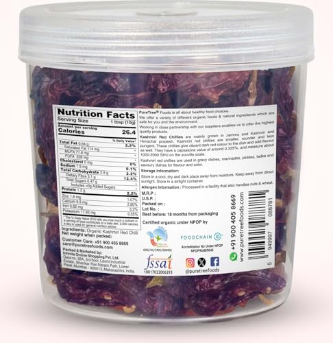 Image of Pure Tree Certified Organic Kashmiri Lal Mirch | 100 g | Jar | Red Chilli Whole | Sabut Lal Mirch | Kashmiri Chilli Lal Mirch Whole Strong Smoky Spice | Dry Red Chilli Whole