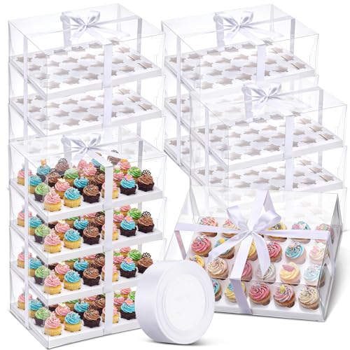 Ferrochef 4 Pcs Transparent Cupcake Boxes - 24 Count Plastic Cake Containers with Gift Ribbon for Bakery Treats and Desserts