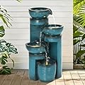 Autodaya 19.3" H Pedestal Outdoor Water Fountain with LED Lights and Pump, 4-Tier Cascading Water Feature, Tranuil Waterfall for Relaxing Garden, Patio, Yard, or Porch, Turquoise, Faux Ceramic Finish