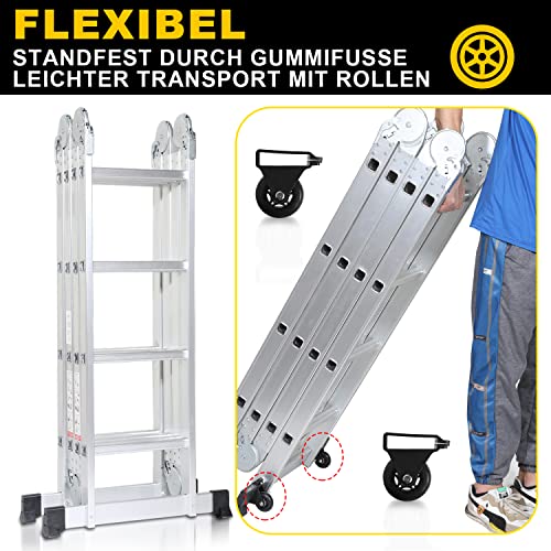 Escalera de aluminio multiusos Ikodm de 4 x 4 peldaños con andamio 5