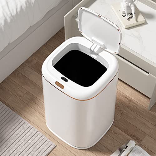 Image of Sooyee 40L Automatic Trash Can with Lid, 10.5 Gallon Smart Motion Sensor Trash Can for Bedroom, Bathroom, Kitchen, Office, White with Gold Border, 3 Opening Modes