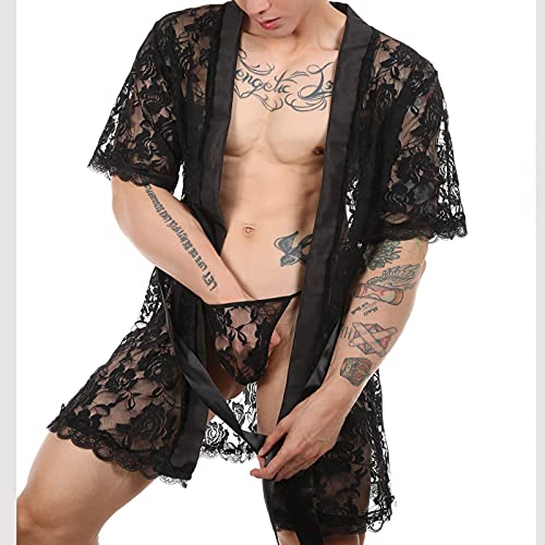 Ctreela Sissy Kimono Robes For Men, Sexy Floral Lace Bathrobe, Male See Through Nightgown, 3Pc Crossdressing Lingerie Black #TOP5