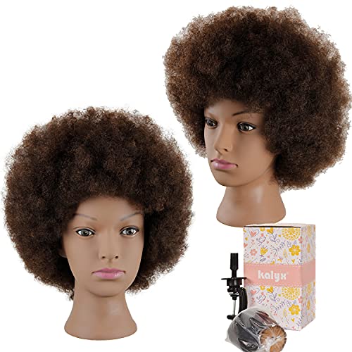 Afro Kinky Curly Hair Mannequin Head with 100% Human Hair Cosmetology Doll Head Tight Curls Hair-styling Practice Head Hairdresser Manikin Training Head with Clamp Stand