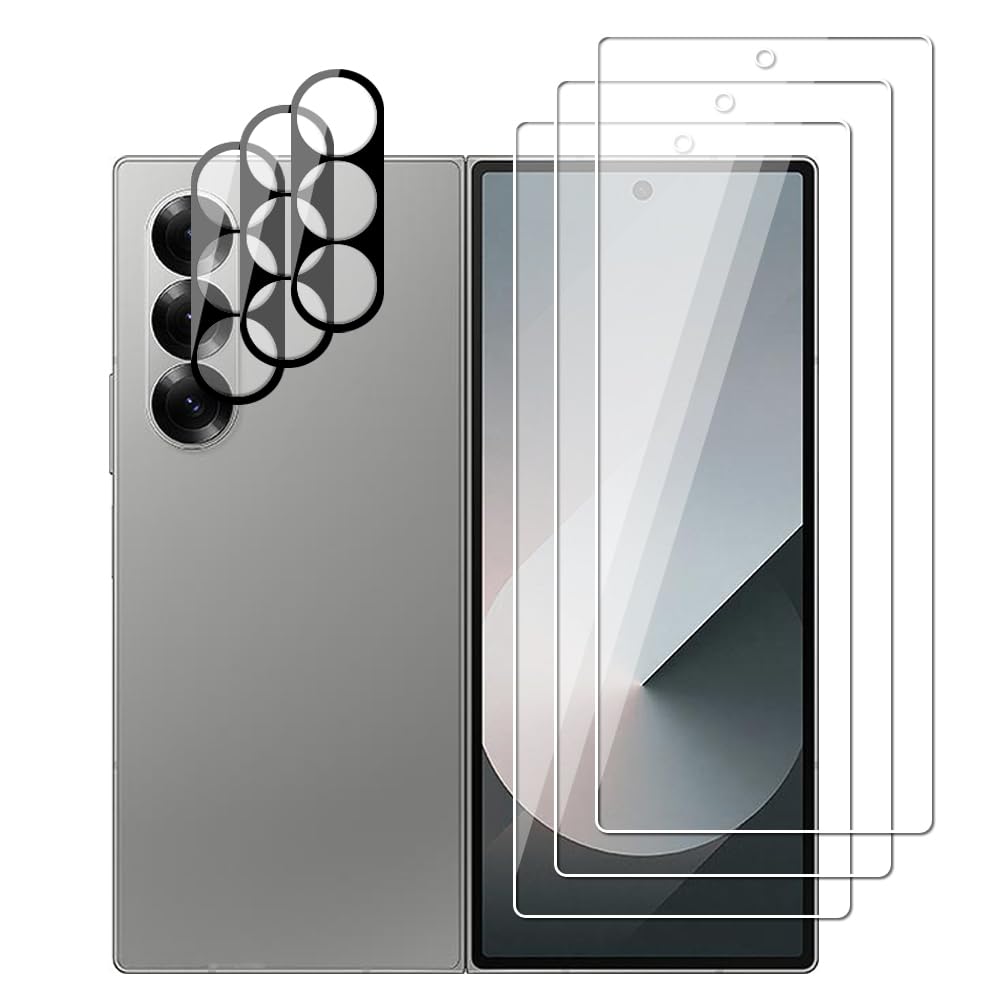 UZWZW (3+3) 3 Pack HD Screen Protector For Samsung Galaxy Z Fold 6 5G Tempered Glass with Camera Lens Protector, 9H Hardness, Anti Scratch