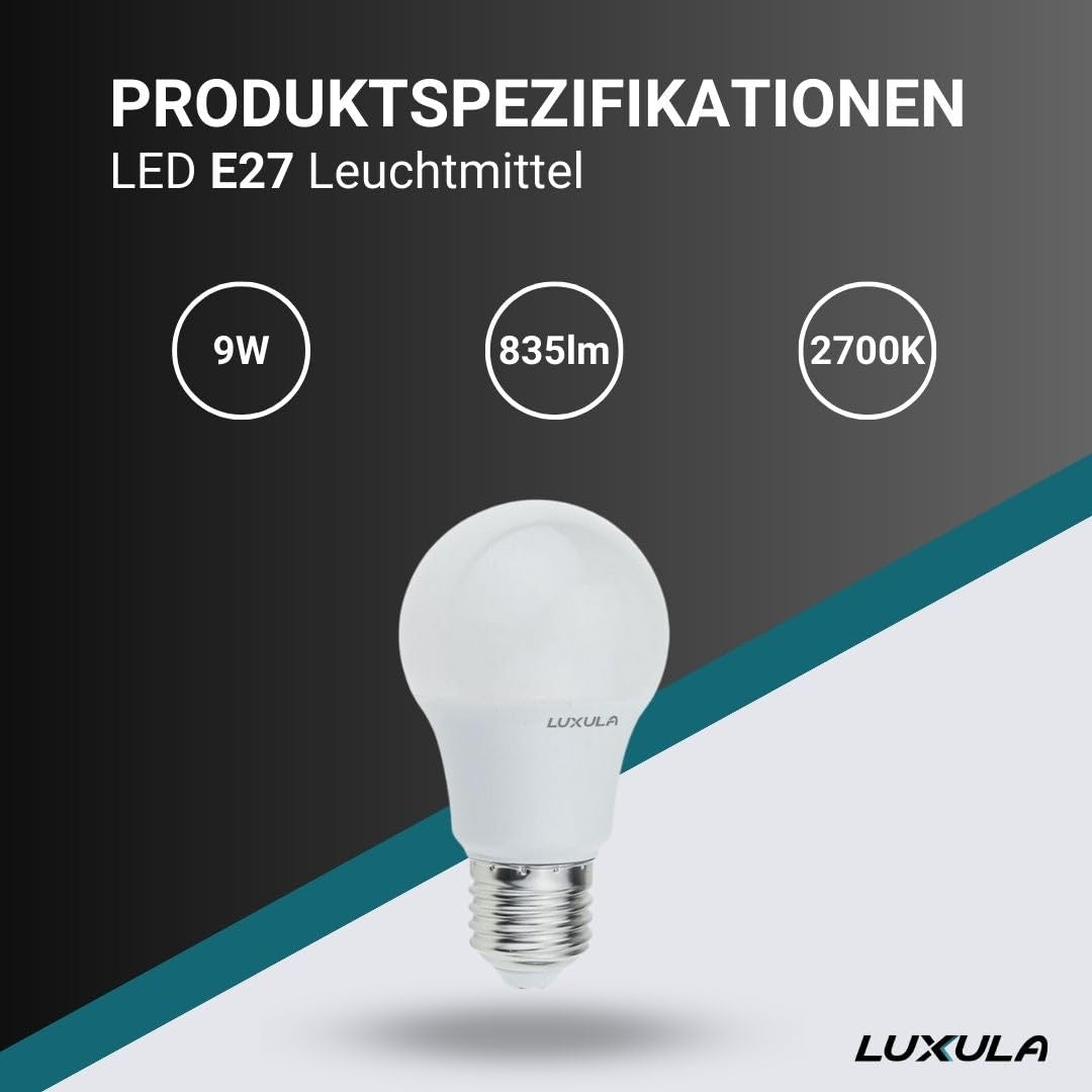 LUXULA LED Glühbirne E27 9W 835lm 2700K warmweiß 50 Stück - ersetzt 60W Glühlampe, A60 E27 LED Leuchtmittel, sofort hell, flimmerfrei, stromsparend, für Wohnzimmer, Schlafzimmer, Küche & Büro