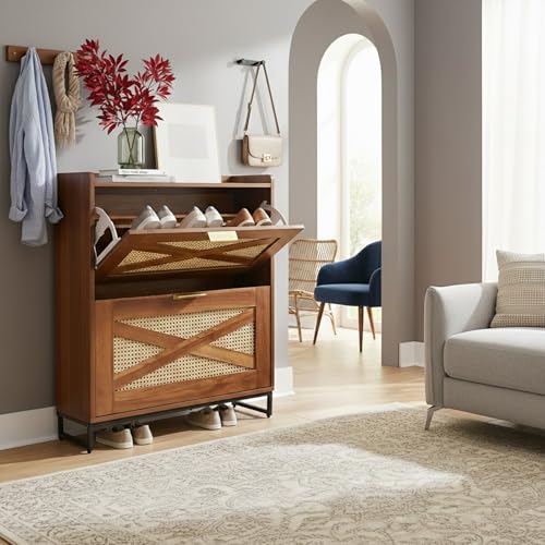 Image of The Artment your artistic apartment Raya Shoe Cabinet with Natural Rattan Weave, Warm Oak Finish, Slim Entryway Shoe Storage for 8 to 14 Pairs, Modern Rustic Japandi Organizer with Metal Base