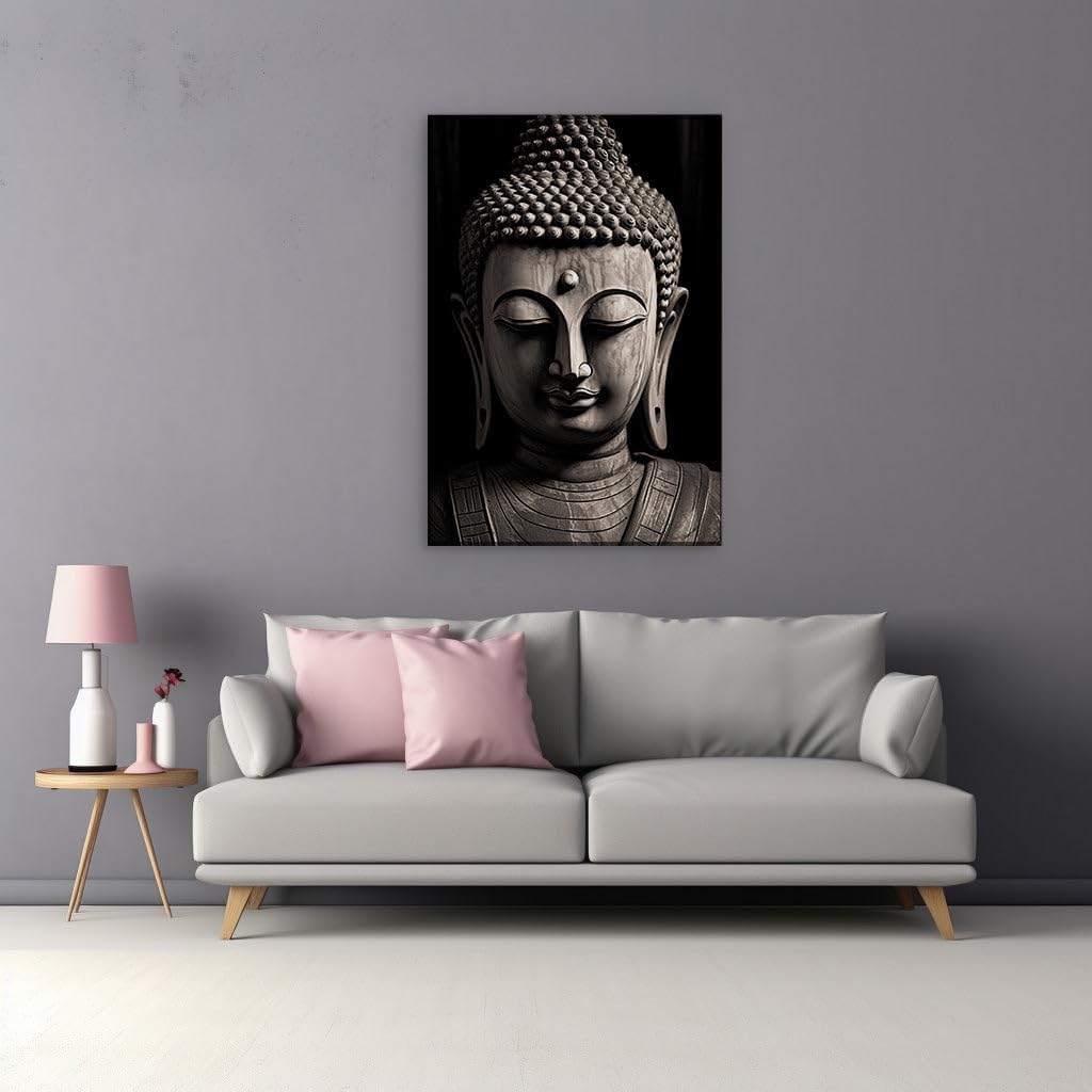 Canvas for Living room. Serene Tranquility in Monochrome The Timeless Wisdom of Buddha's Visage, 27 x 18 inch Canvas Wall Art - Ready to Hang - 69x46 cm (27x18 inch)