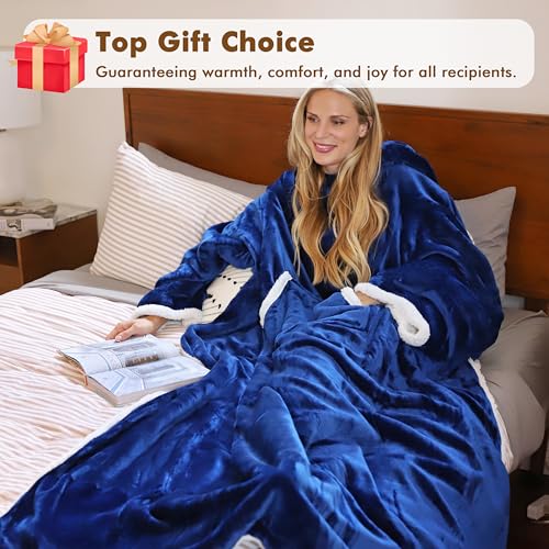 Tirrinia Sherpa Hood Wearable Blanket – Navy Blue Oversized Adult Hoodie Blanket with Pocket — view 5