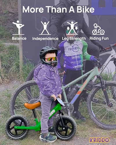 Image of KRIDDO Toddler Balance Bike 2 Year Old, Age 18 Months to 5 Years Old, 12 Inch Push Bicycle with Customize Plate (3 Sets of Stickers Included), Gift Bike for 2-3 Boys Girls, Green