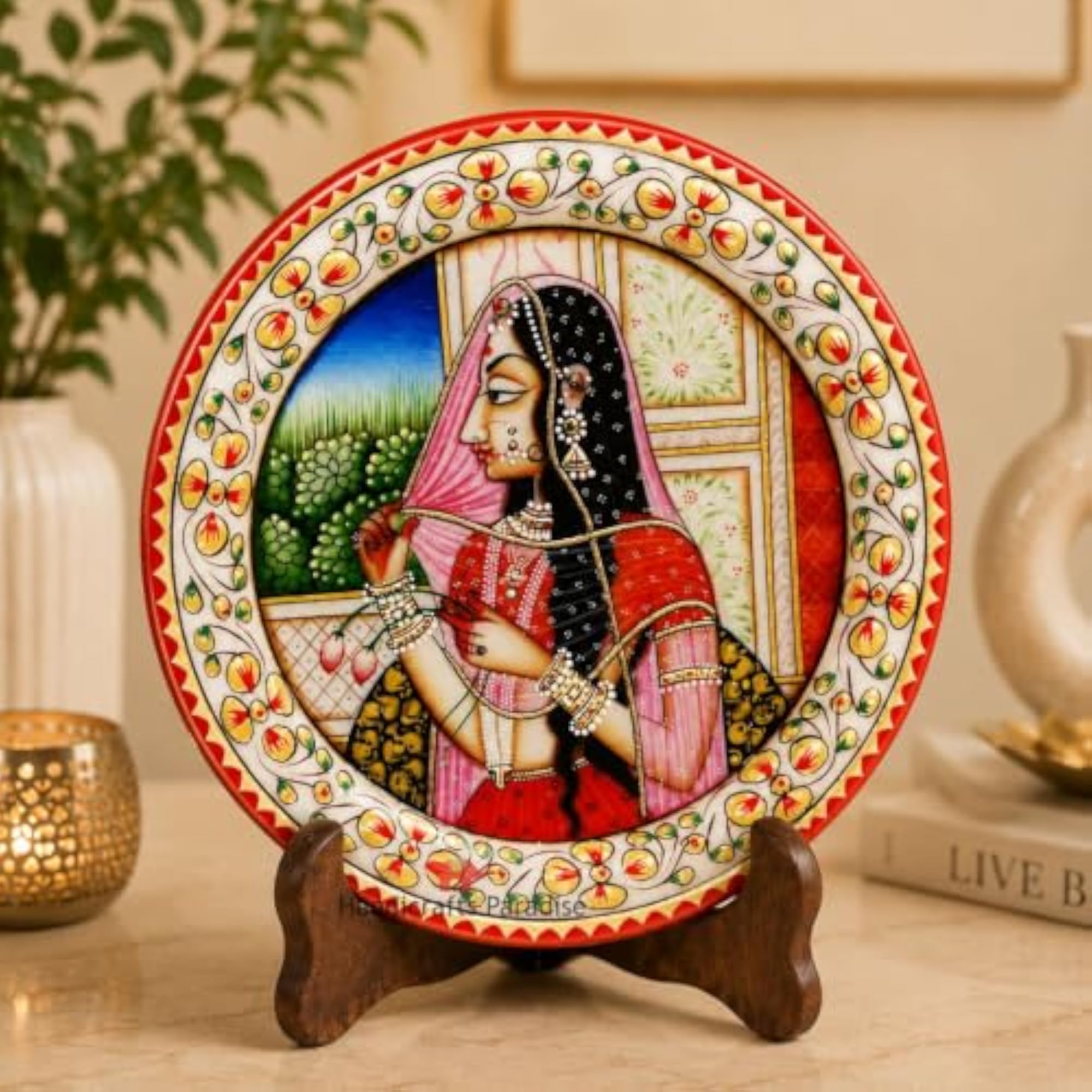 Hand Painted Marble Decorative Plate with Lady Portrait