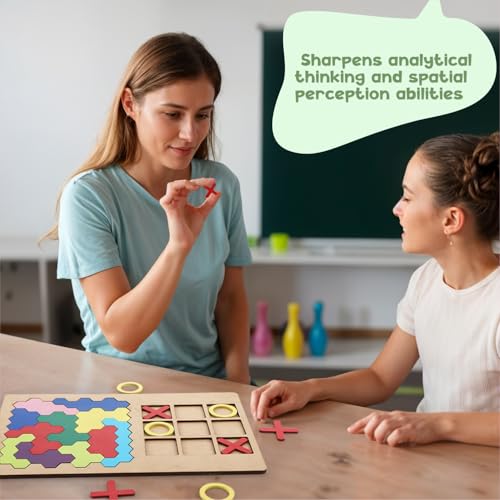 Image of SPARTAN KIDS 3D Wooden Hexagon Puzzle & Classic Tic Tac Toe Game - Montessori Educational Toy for Kids, Creative Shape Pattern Block, Two-in-One Early Learning Toy