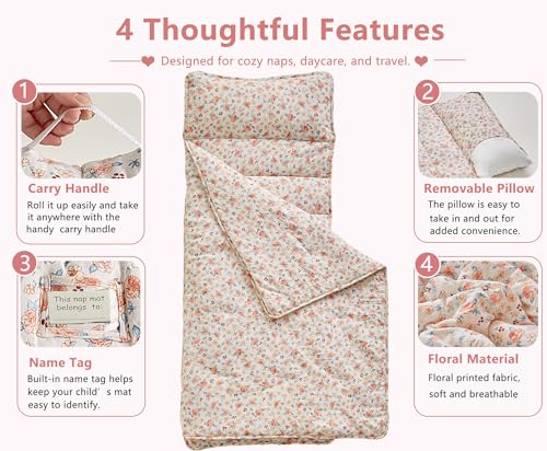 Image of Toddler Nap Mat with Removable Pillow,Ultra Soft Slumber Bags for Girls,Kids Sleeping Bags with Roll Up Design, Perfect for Preschool,Daycare,Kindergarten