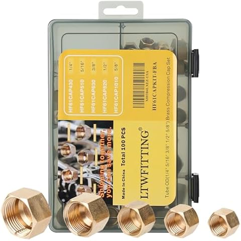 LTWFITTING Assortment Kit Tube OD 1/4" 5/16" 3/8" 1/2" 5/8" Brass Compression Cap Set (Pack of 100) Cover