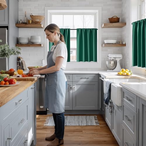 Image of RYB HOME 100% Blackout Short Curtains for Small Window, Thermal Insulated Total Room Darkening Noise Reducing Curtains for Kitchen Bathroom Basement, 42 inches Wide by 36 inches Long, Dark Green