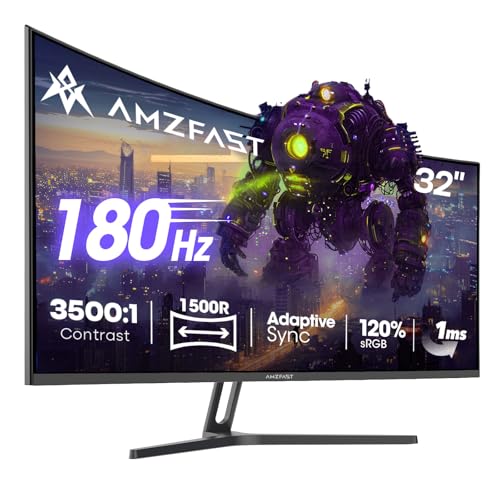Amzfast 32 Inch Curved Gaming Monitor, 2K QHD 180Hz, 2560x1440p, Fast VA, 1ms MPRT, Adaptive Sync, 3500:1 Contrast, HDR, DCI-P3 93%, sRGB 125%, 1500R, VESA 100x100mm, HDMI 2.0&DP 1.4 - AMZG32C1Q