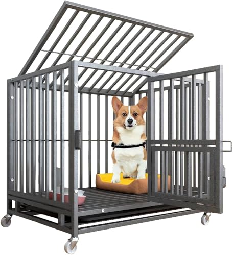 Reelyo 犬ケージ ペットケージ 犬小屋 ドッグクレート キャスター付き 小型犬用 金属製 室内/屋外 トレー/屋根付き 頑丈 脱走防止 小型犬/中型犬 70×52×61cm