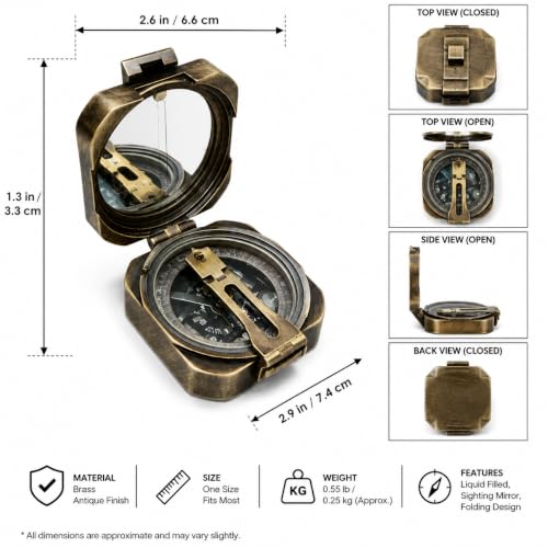Vintage Brass Military Compass con lente plegable y reloj de sol, para senderismo, camping, navegación y coleccionistas miniatura 3