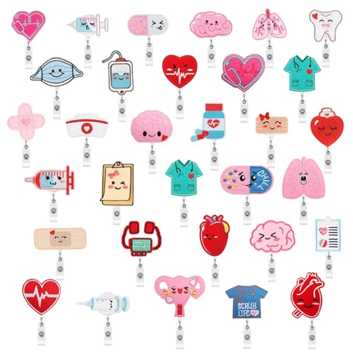 32 Pcs Nurse Badge Reel Retractable Felt Funny Nursing Badge Holder Medical Name ID Clips for Nurse Student Valentines Day Holiday Office Gift (Buckle Clip)