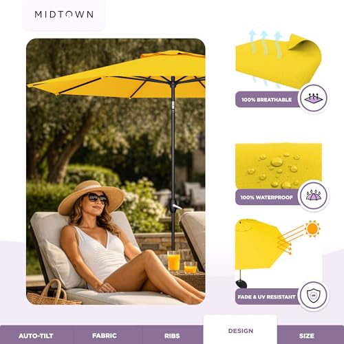 Image of Midtown Umbrellas - The Lean 8 Ft Patio Umbrella with Fade-Resistant Sunbrella Fabric, Auto-Tilt Aluminum Frame and 8 Reinforced Ribs for Deck, Pool & Garden - Yellow Canopy, Black Pole