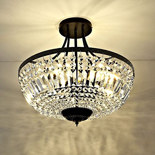 WINGBO 5-Light Crystal Ceiling Light Fixture, Semi Flush Mount Chandelier, Modern Round Ceiling Hanging Light for Living Room Dining Room Bedroom Hallway, Black