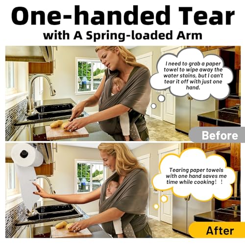 Image of Upgraded Kitchen Paper Towel Holder - One-Hand Tear Under Cabinet Stick-on Towel Rack for Hanging Paper - First Apartment Essentials Wall Mount Self Adhesive Stainless Steel Rack Fits