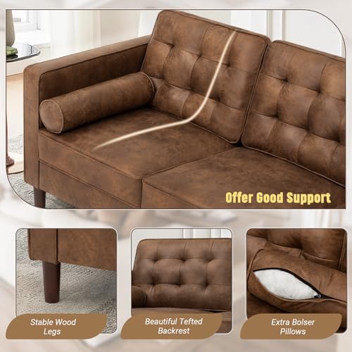 Image of 2 Pieces Suede Leather Sofa Set with Bolster Pillows, Brown | Tufted 3-seat Sofa and Loveseat Couch with Wooden Legs, Upholstered Living Room Set for Living Room, Office