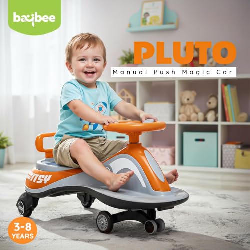 Image of Baybee Pluto Kids Swing Car | Twister Ride on Toy Car with LED Lights, Built-in Music & Scratch Resistant PP Wheels | Push Ride on Toy Kid Car | Magic Push Car for Boys & Girls 3-8 Years (Orange)