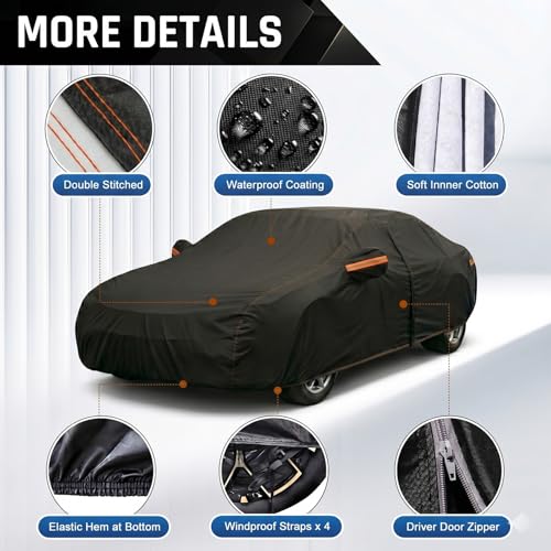 Image of 6 Layer Heavy Duty Car Cover Waterproof All Weather Protection with Cotton Liner, Universal Fit Lincoln MKZ, Chrysler 300, Toyota Avalon, Cadillac CTS CT5, Genesis G80, Acura TLX RLX