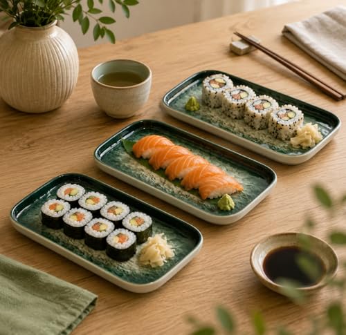 Image of Beyond Homes Ceramic Serving Tray Set of 3 | 8 Inch Rectangular Serving Plates | Premium Ceramic Platters for Sushi Dimsum Momos Snacks Starters & Appetizers | Microwave & Dishwasher Safe, Green