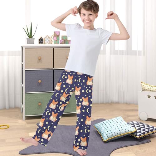 Boy's Pj Pants Corgi Dog Moons Stars Paws Funny Lounge Bottoms Elastic Waist Kids Joggers with Pockets Size 6-144
